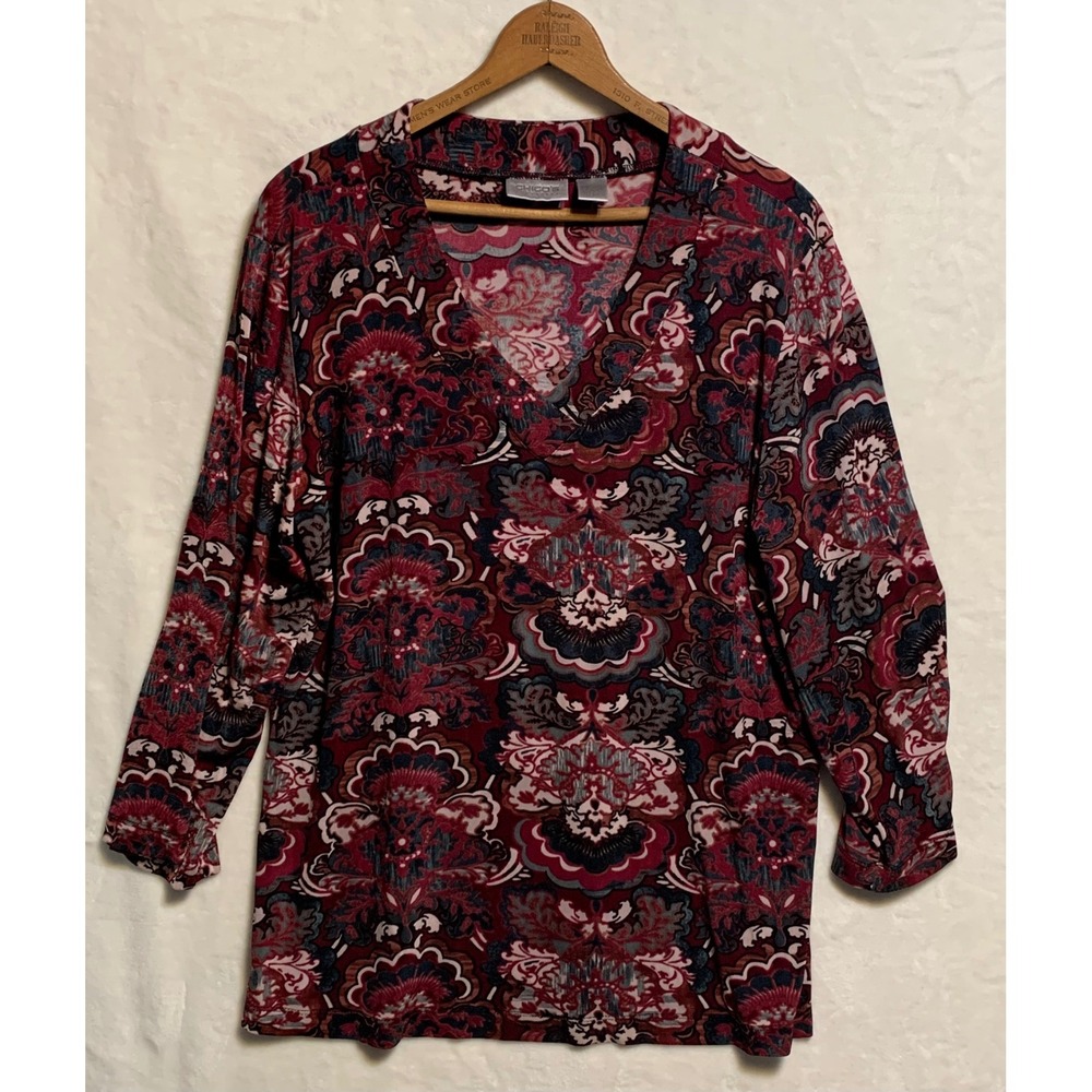 Chicos Travelers Size 3 Burgundy Paisley Floral V Neck Long Sleeve‎ Tunic Top